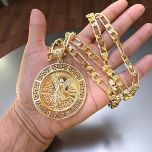 14K Gold Plated Mexican Centenario 50 CZ Pendant with Figaro Link Chain 24" 8mm